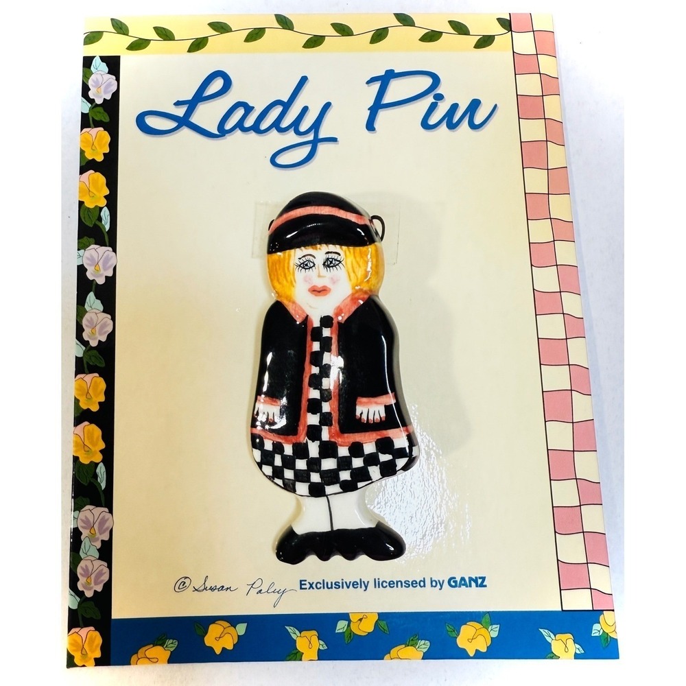 Vintage Signed Susan Paley‎ Ganz Ceramic Hand Painted Christine Pin Brooch Black